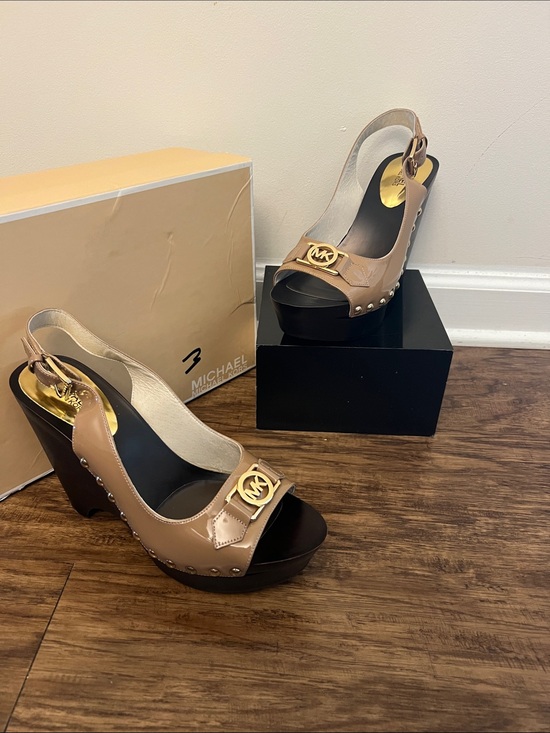 MICHAEL Michael Kors Shoes - MICHAEL Michael Kors Taupe Patent Platform Wedge Sandals with Gold MK